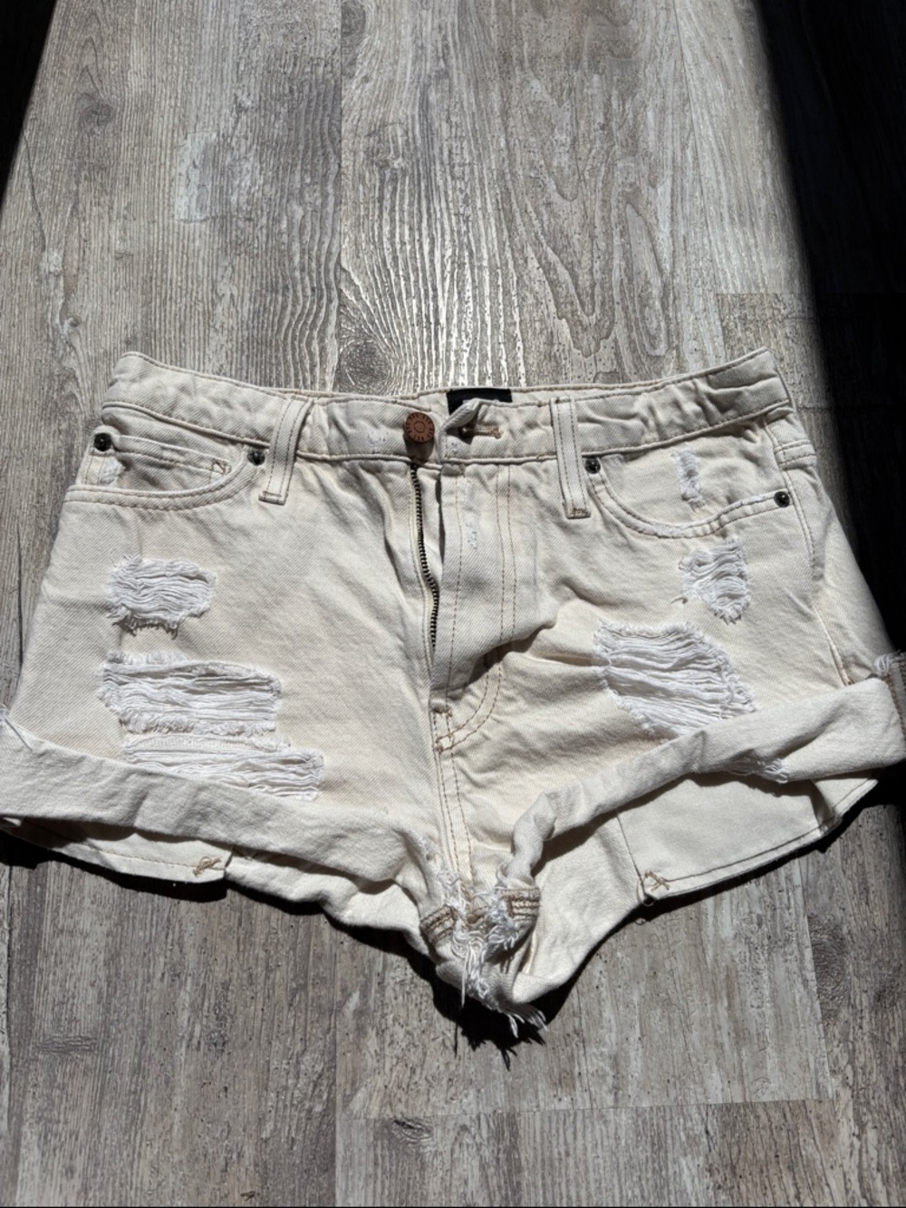 BDG Cream Distressed Rolled-Hem Denim Shorts